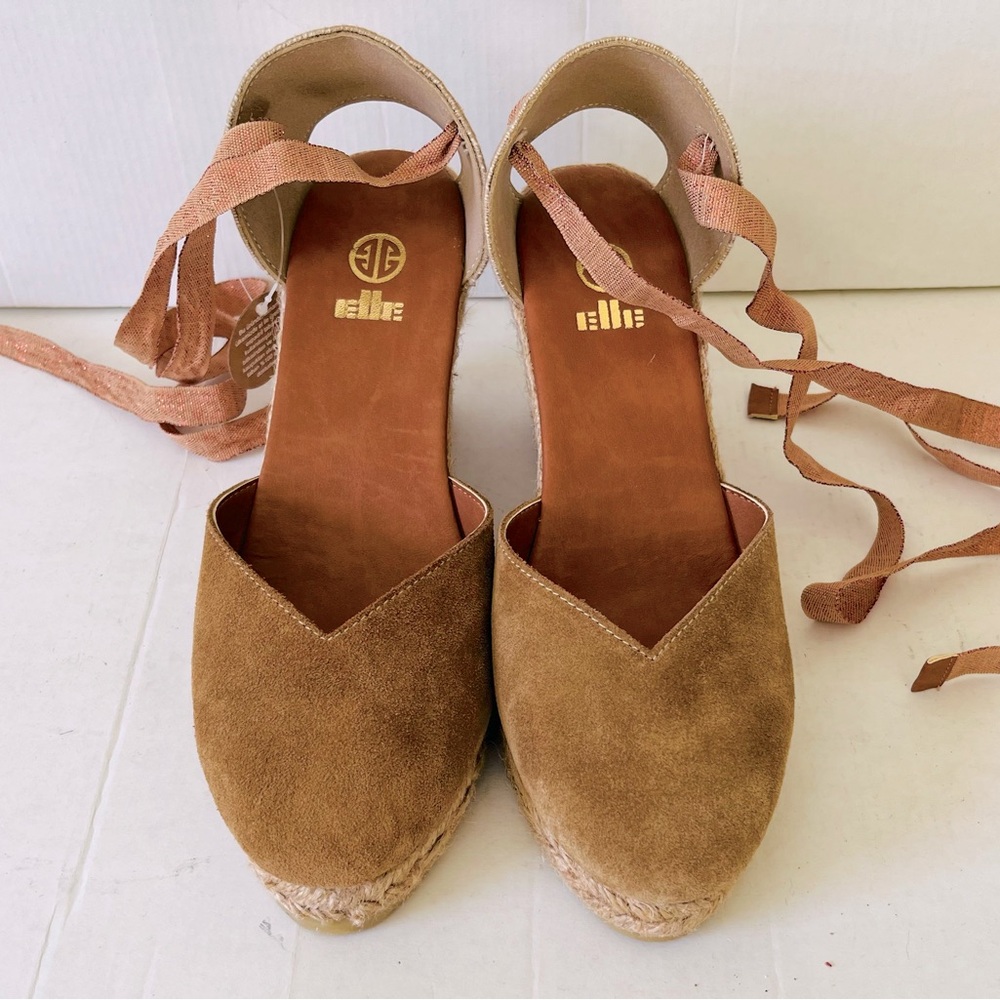 Elle women’s dark tan Suede Espadrille lightweight Wedges tie-up laces US 10